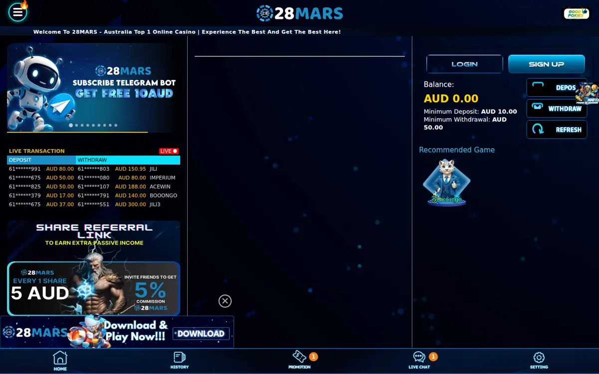 28 Mars Casino lobby on desktop with the AUD balance, minimum deposit and withdrawal, and the Deposit and Withdraw buttons