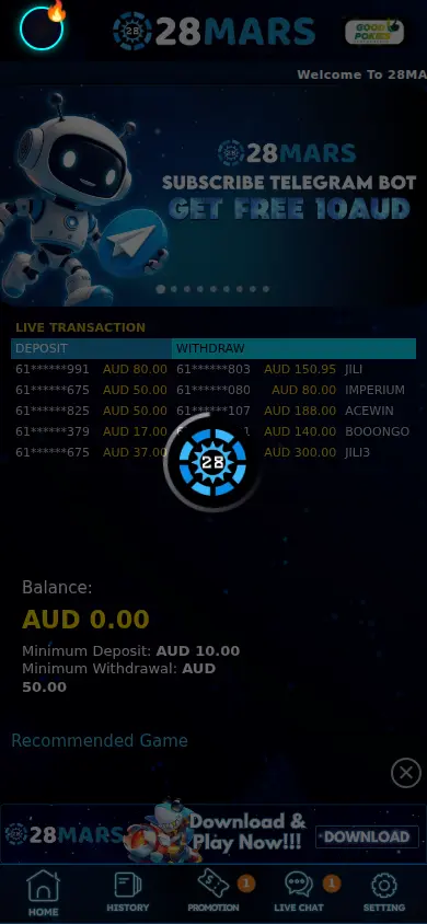 28 Mars Casino mobile lobby with the Telegram bot banner and the bottom bar of Home, History, Promotion, Live Chat and Setting